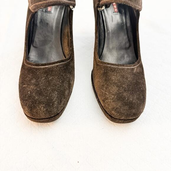 Prada Brown Suede Leather Mary Jane Wedge Pump Size 39 - Picture 6 of 6